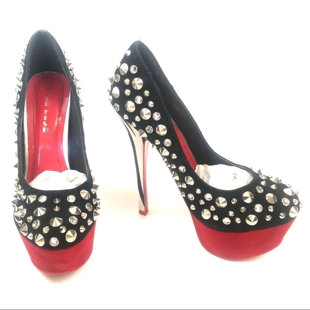 Gold Fish Studded Zebra Platform High Heels Animal Print Spikes Suede Pin Up